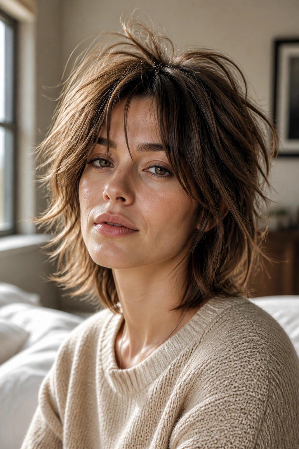 Close-up of a real woman with crown-lifted tousled shag hairstyle