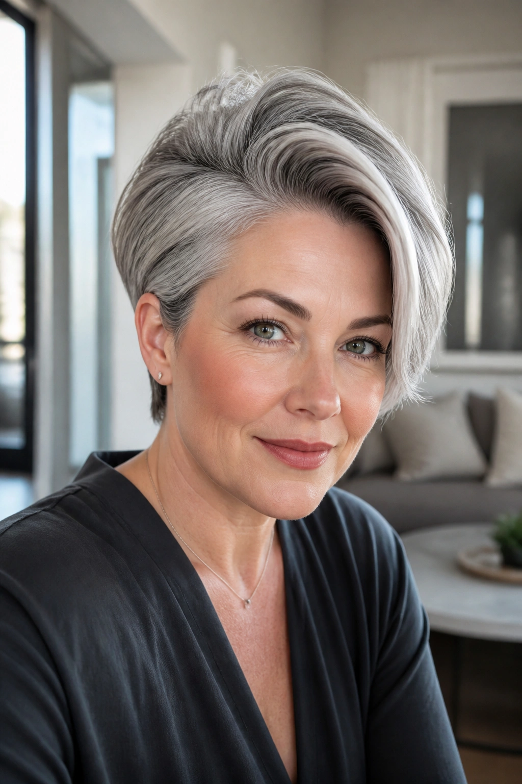 Portrait of a real woman with crown-lift silver hair and a deep side part