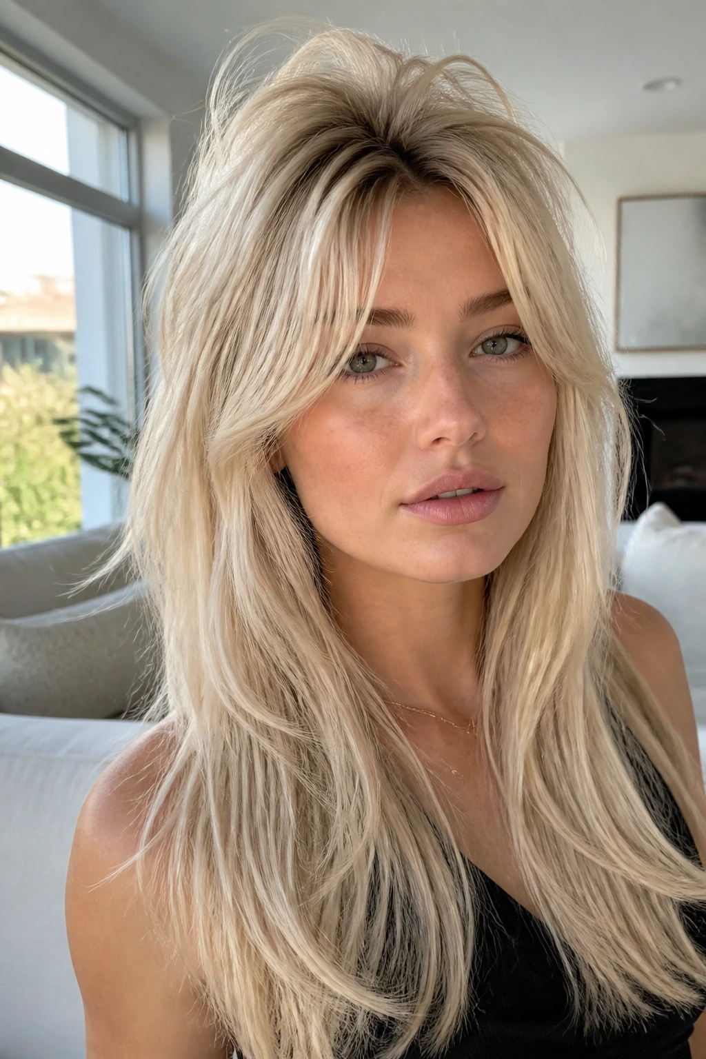 Close-up portrait of a real woman with crown-lifted long blond shag in a window-lit living room