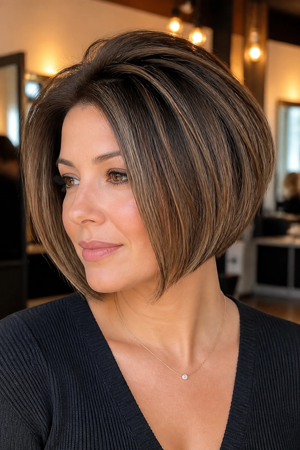 Close-up of a real woman wearing a crown-lifted layered bob with crown volume