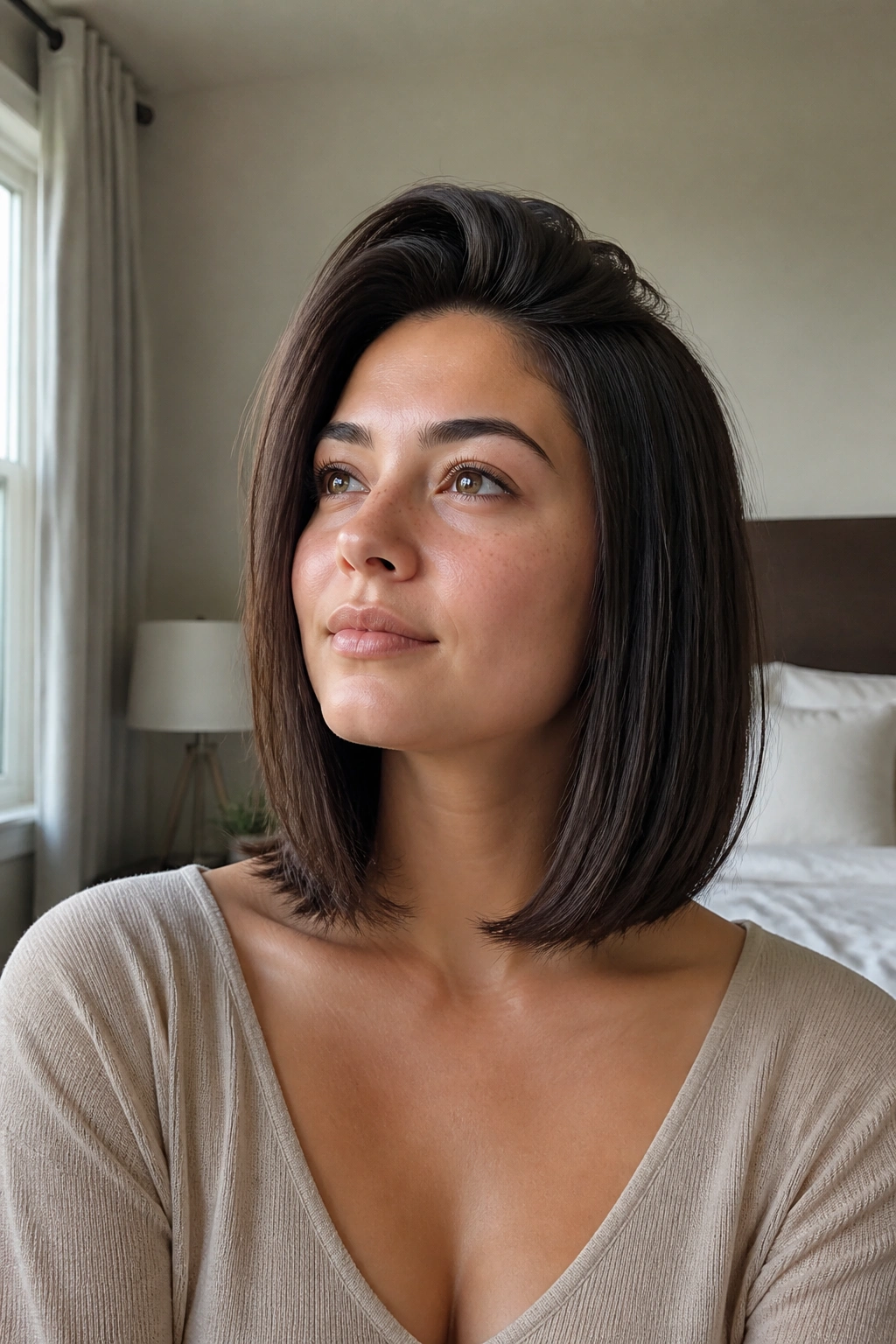 Real woman with crown-lifted lob showing volume at the crown