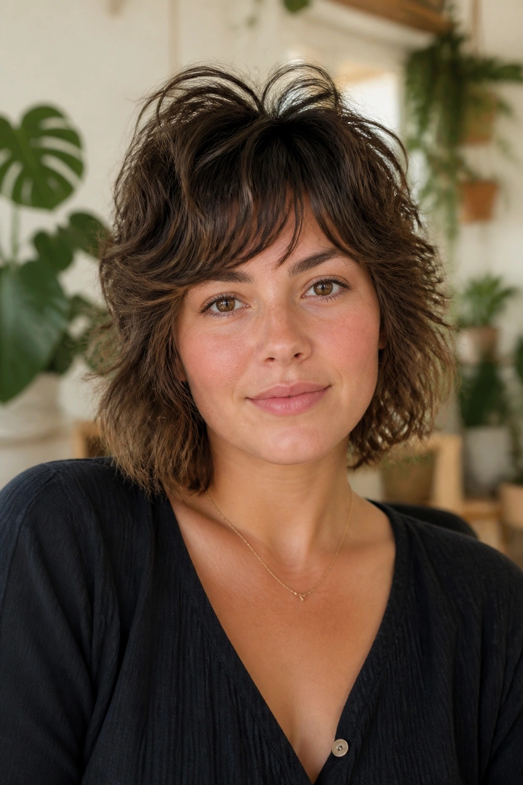 Close-up of a real woman with crown-lifted shag hairstyle