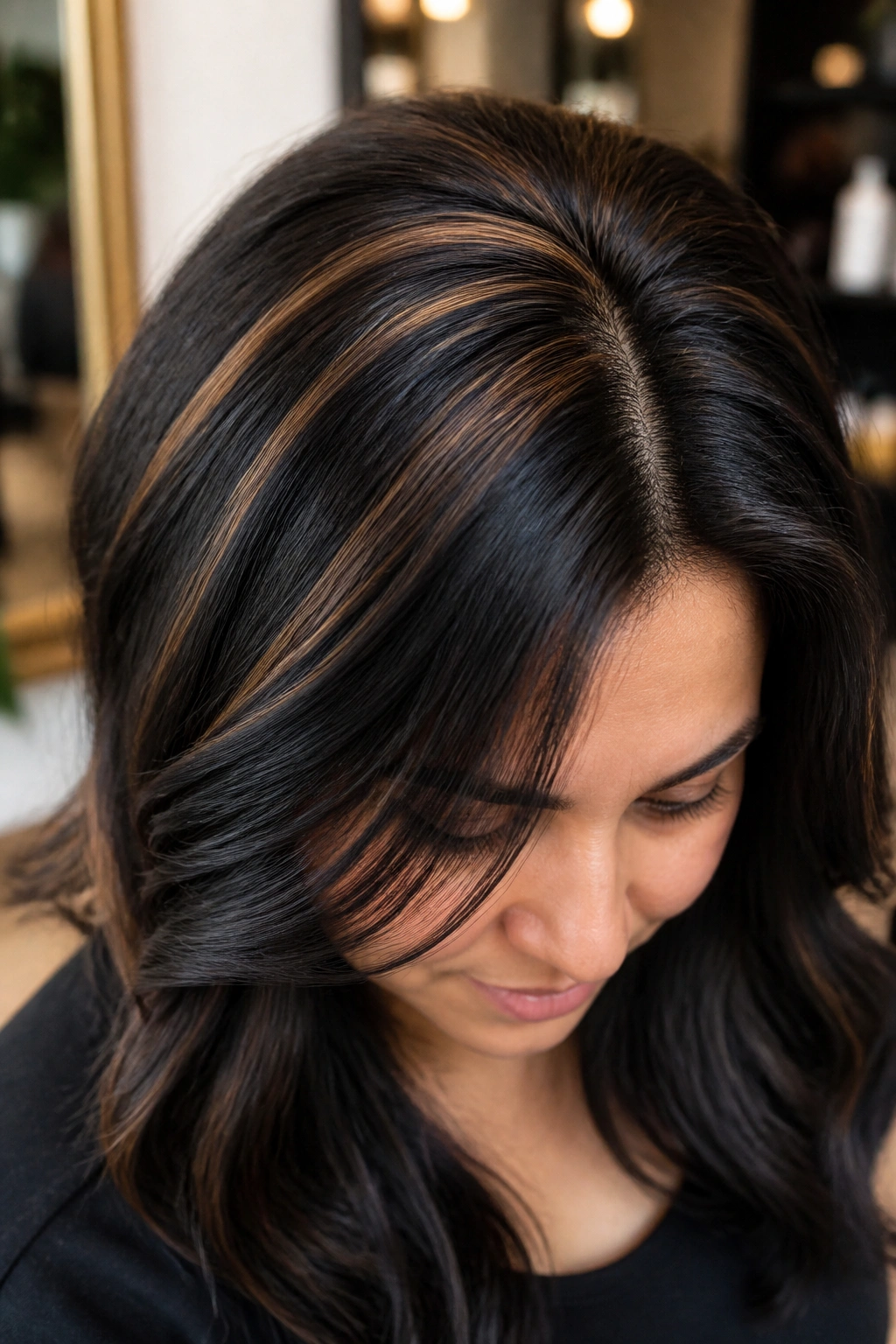 Close-up of crown-area micro-foil highlights on a real person