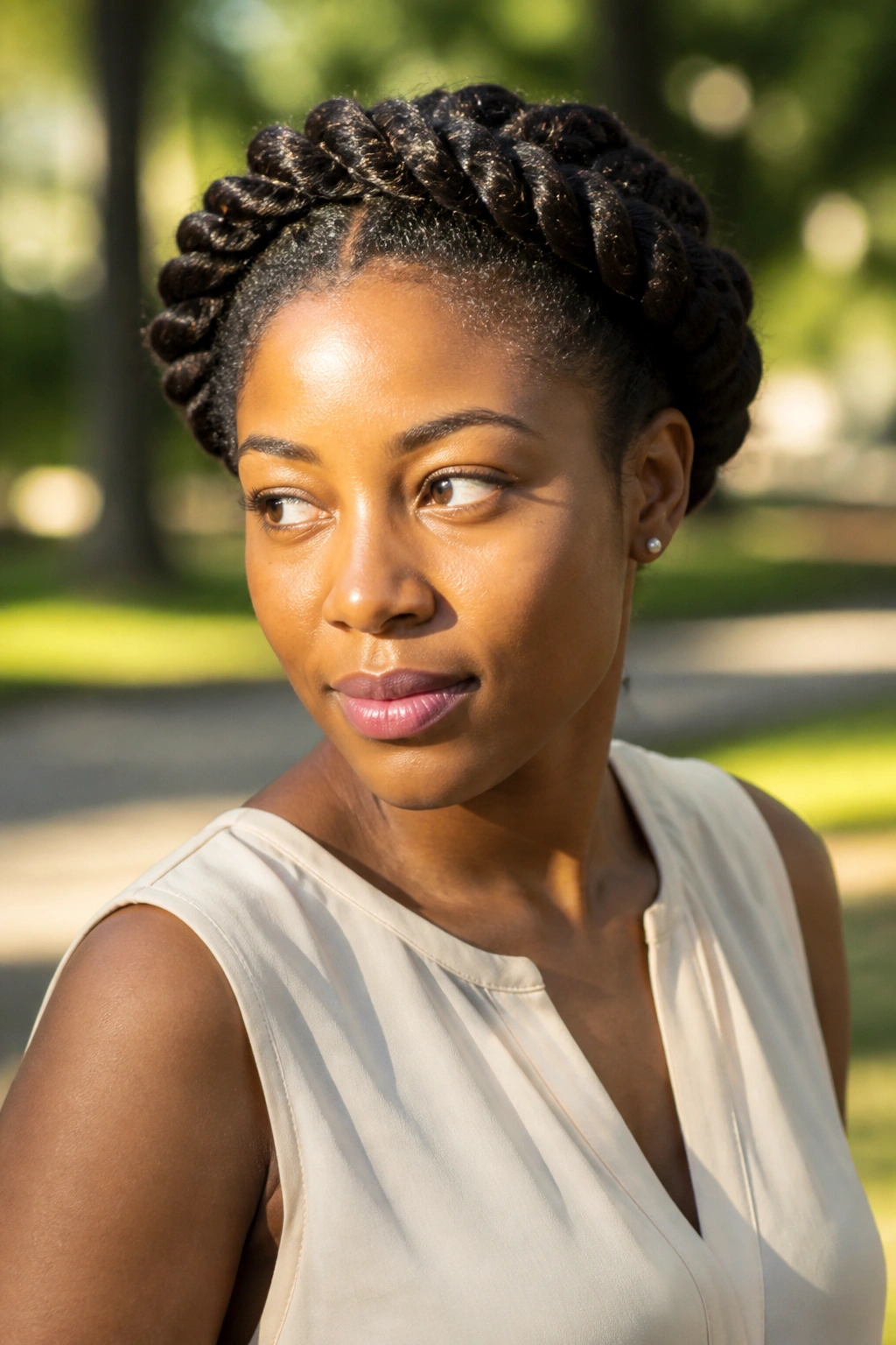 Three-quarter view of real person with crown twist halo outdoors