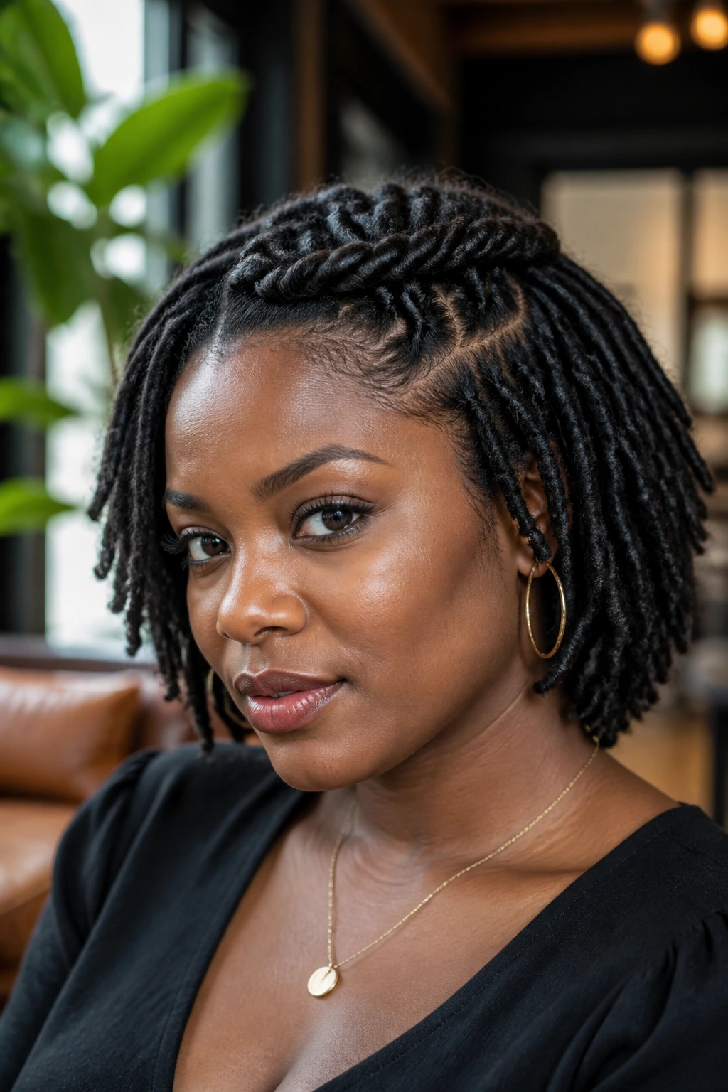 Close-up of a real person with a crown twist on short locs.