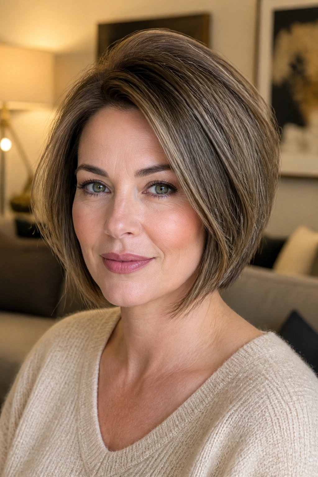 Real woman with crown-volume layered bob, lifted crown and controlled sides