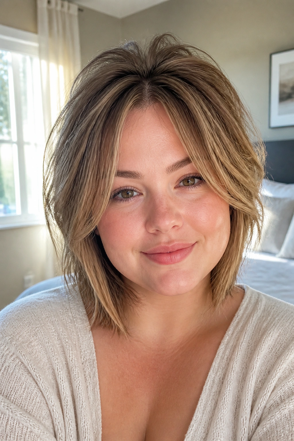 Close-up portrait of a real woman with crown-volume layers on fine hair
