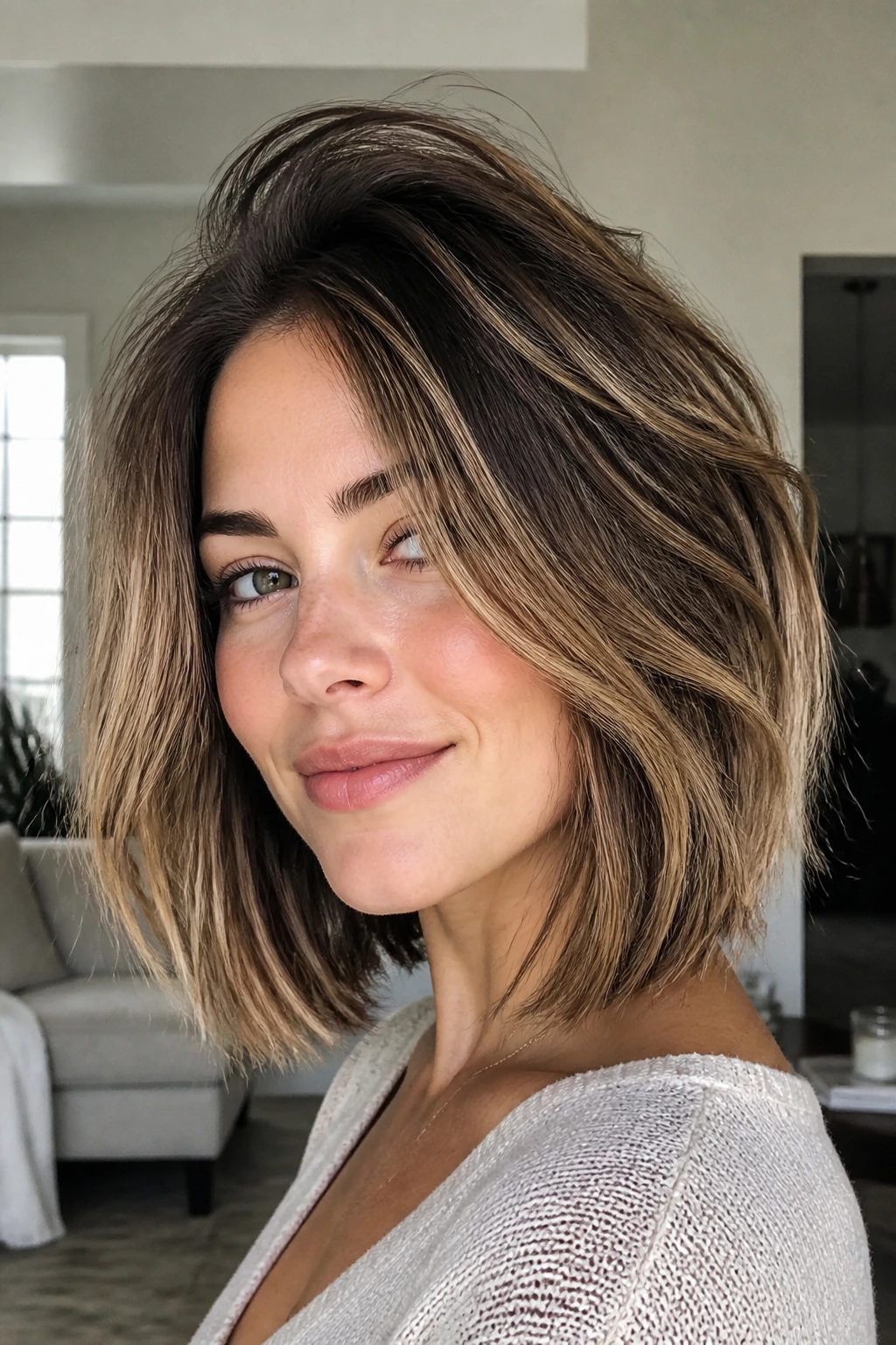 Portrait of crown-volume lob with lifted top on real person