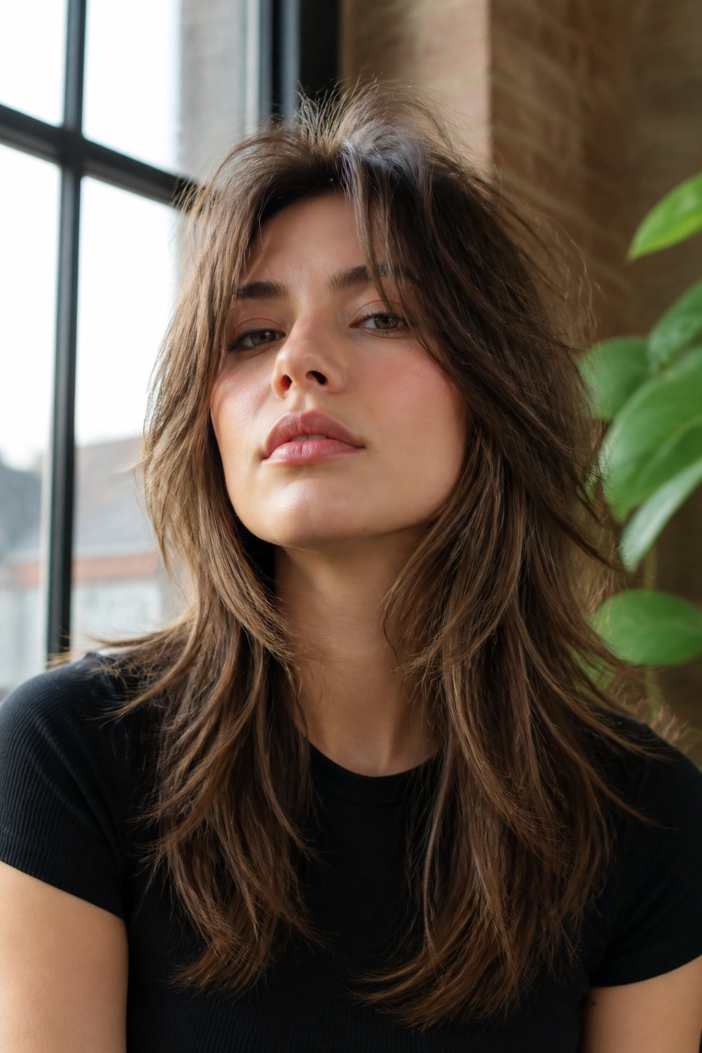Close-up portrait of a real woman with crown-volume shag and soft lift