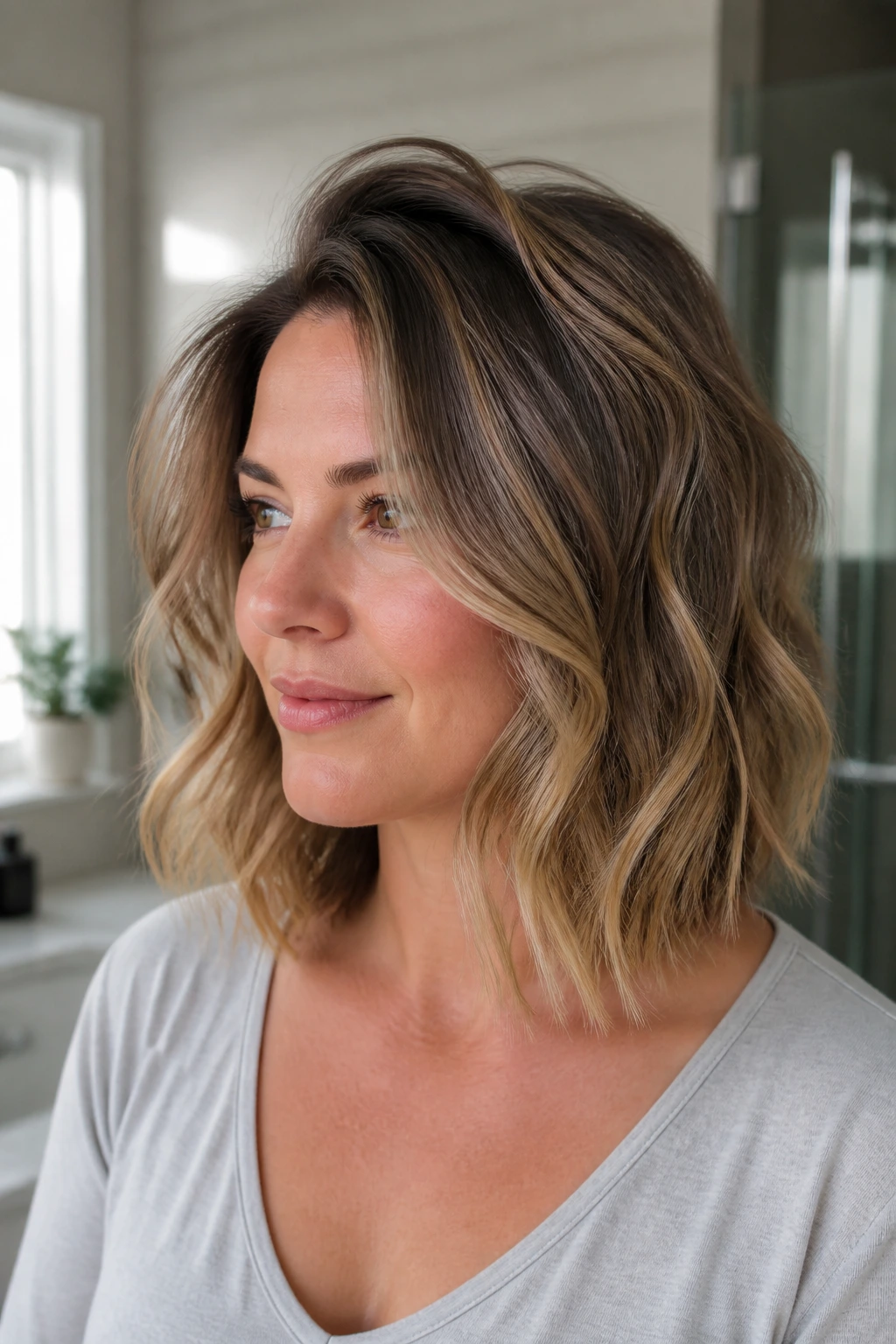Close-up of a real woman with crown-volume wavy lob at the crown