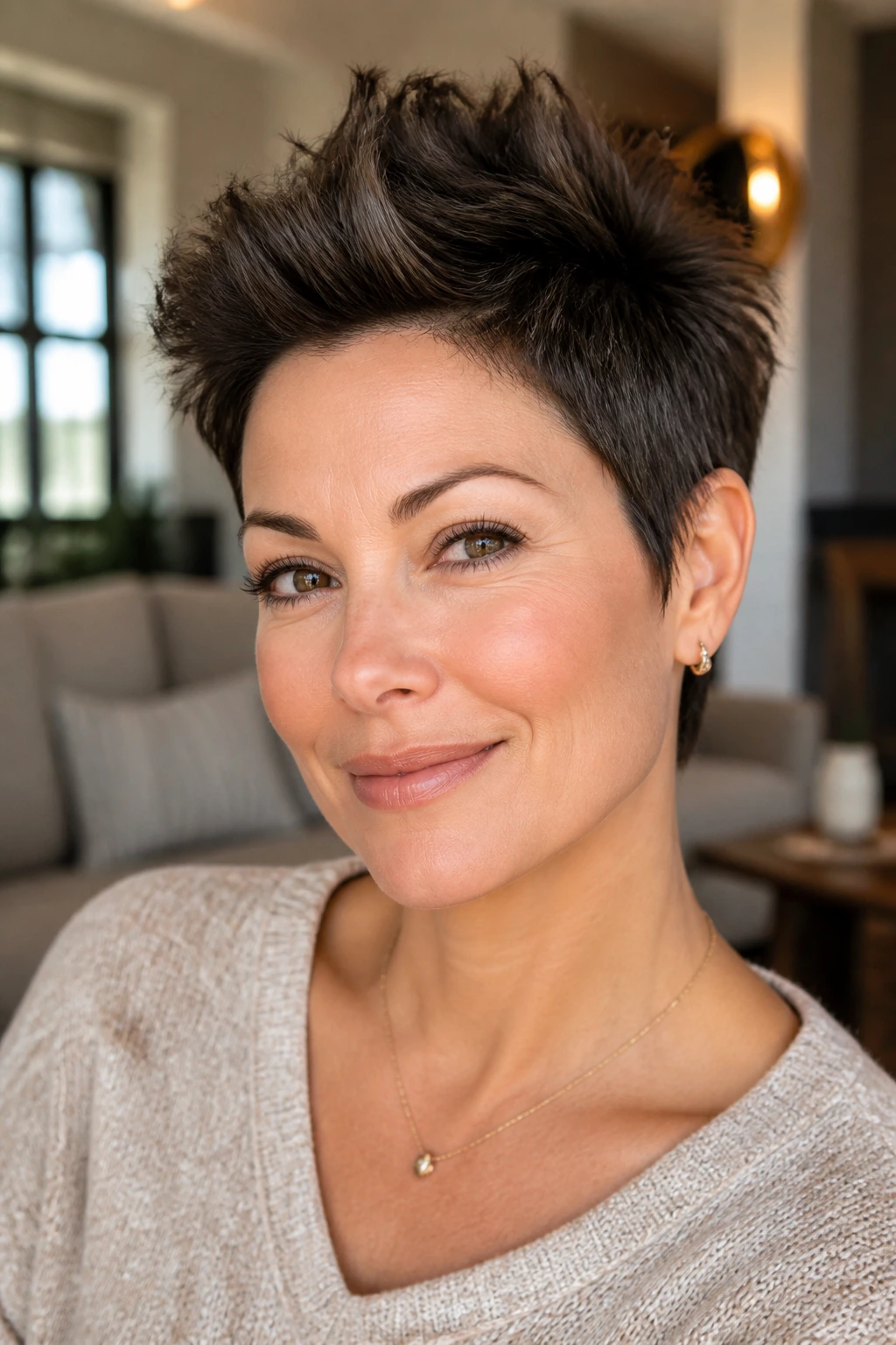 Close-up of a real woman with crown-lifted textured pixie showing height at crown and tight sides