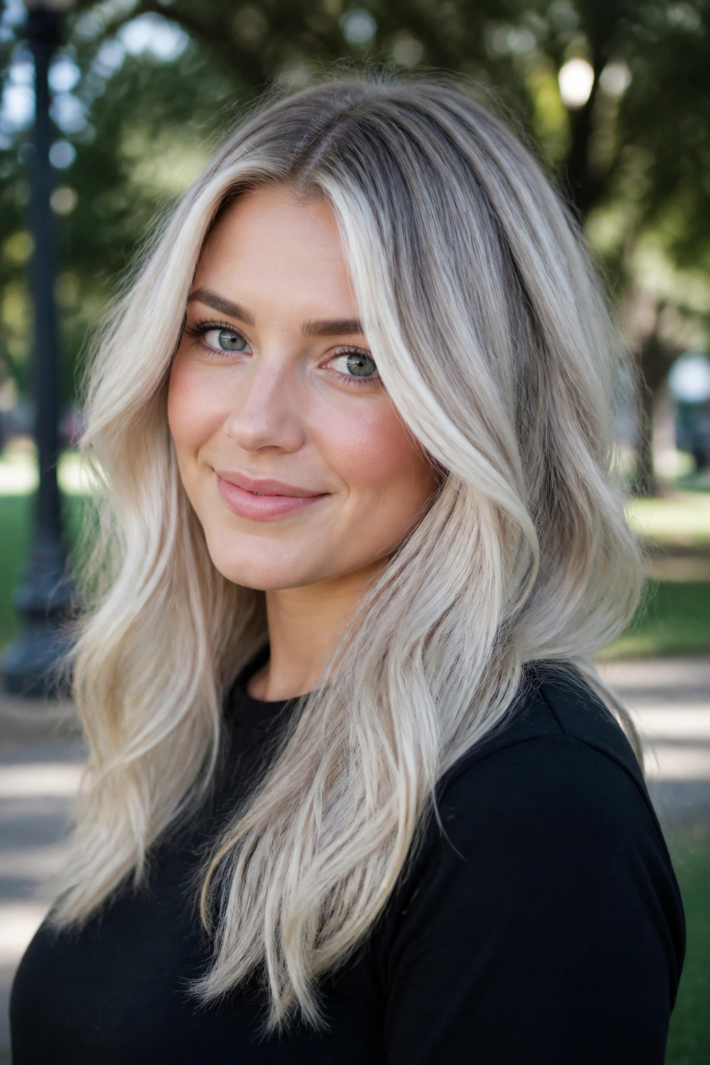 Real person with crushed ice blonde hair and face-framing highlights in natural light