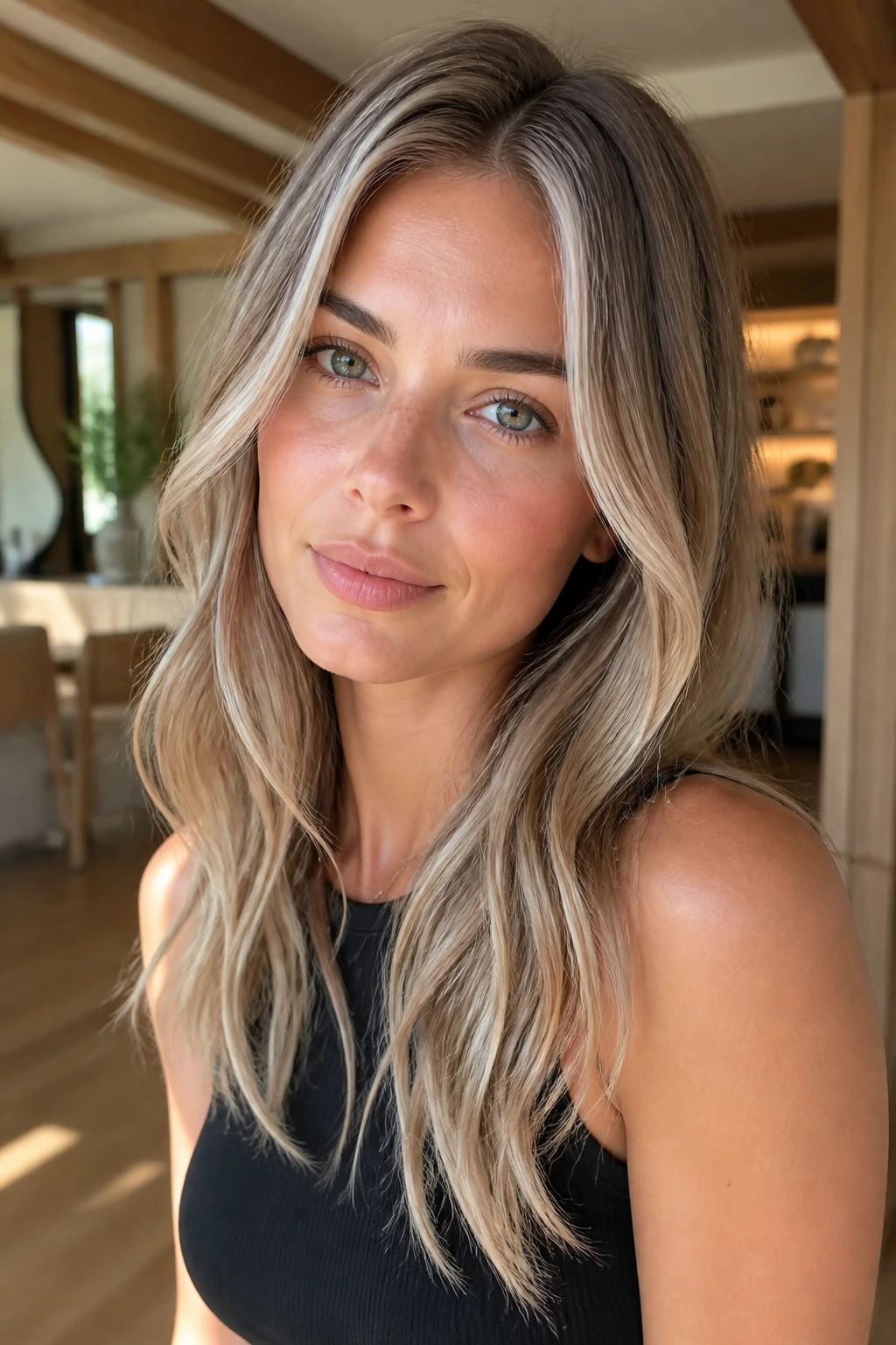 Close-up of hair with fine crystal blonde highlights around face