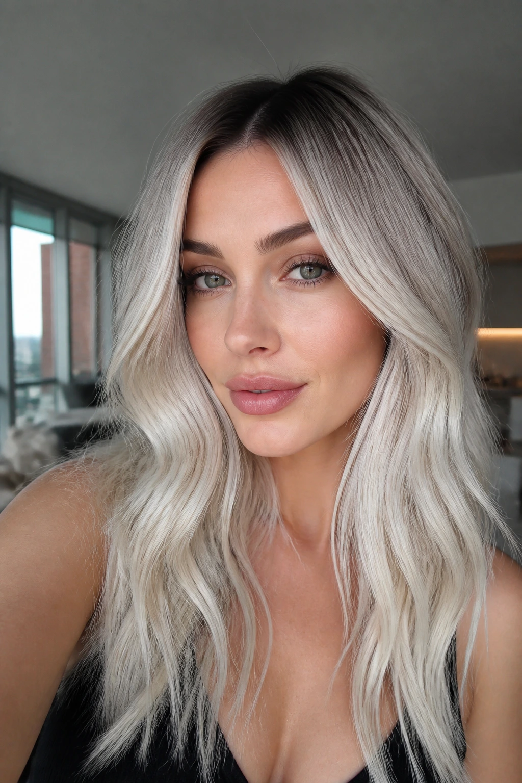 Close-up portrait of a woman with a dark-root melt into crystal platinum ends.