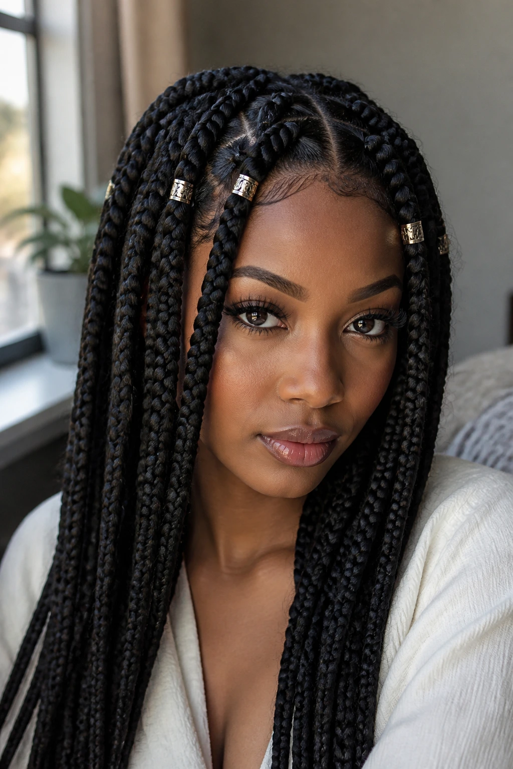 Cuffed Big Box Braids with metallic cuffs on real woman