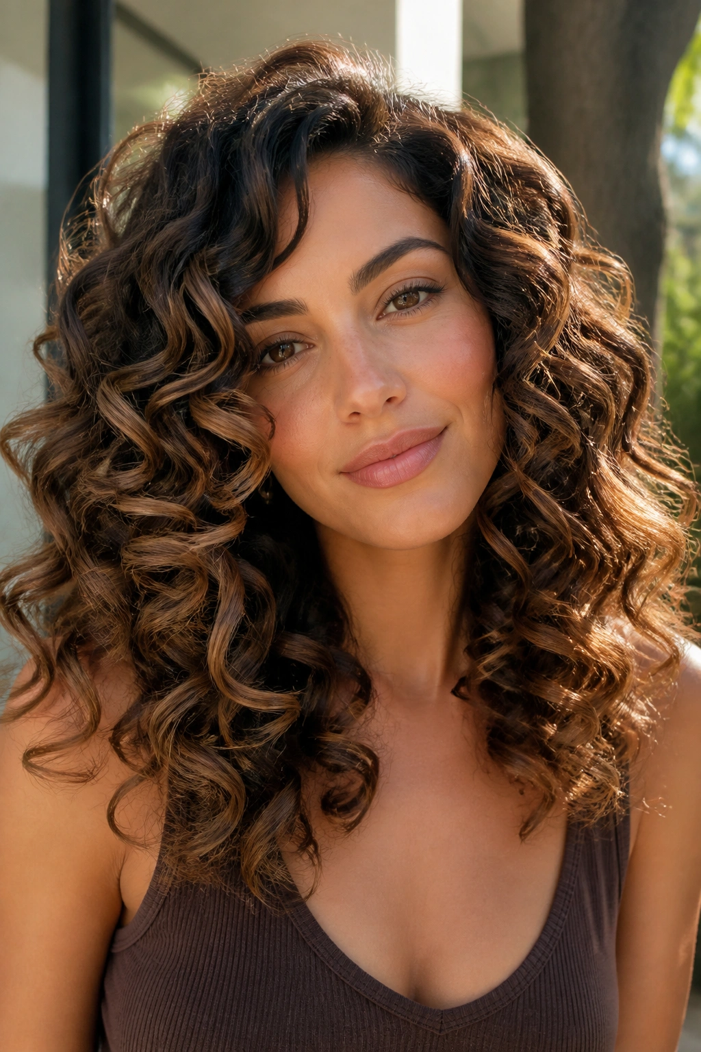 Close-up of a real woman with big curls and airy balayage ends