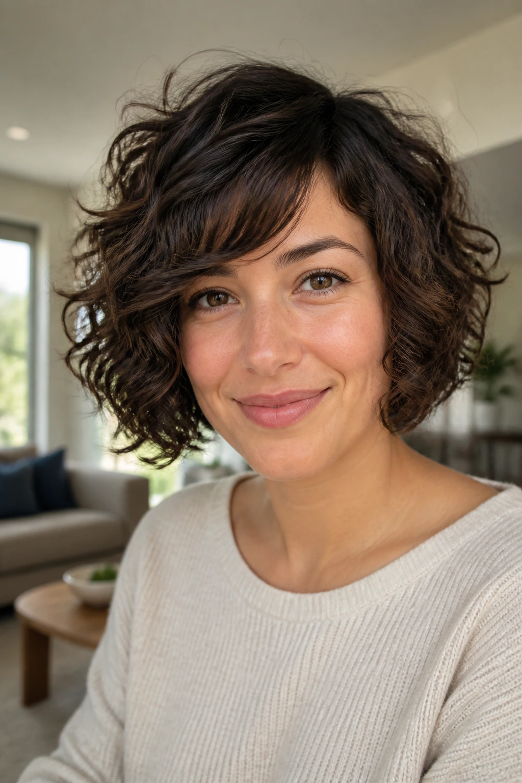 Close-up portrait of a real person with a chin-length curly bob and side bangs