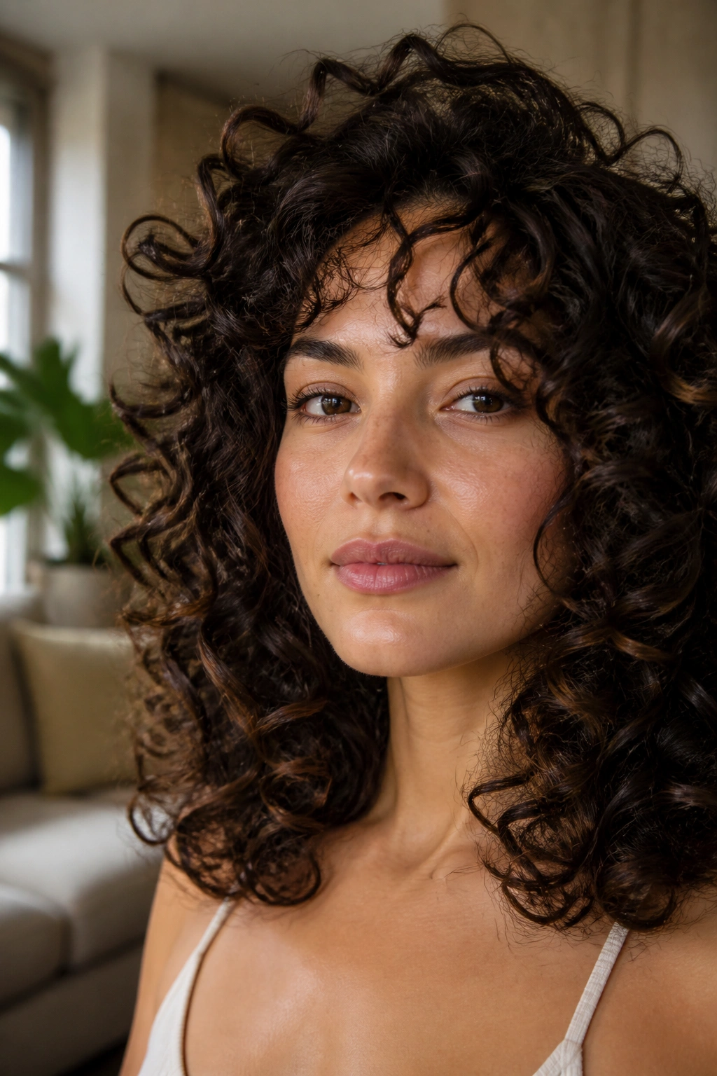 Close-up portrait of a real woman with thick curly hair and curl-friendly layers