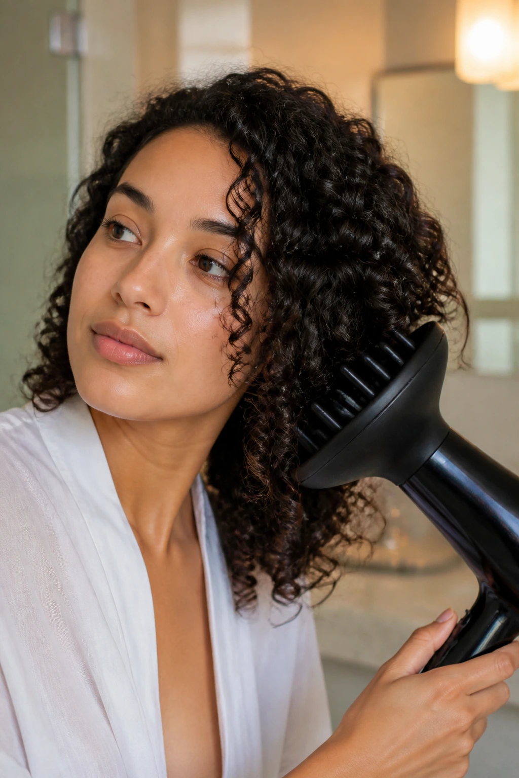 Portrait of a real person using a diffuser to refresh curly hair in a bathroom