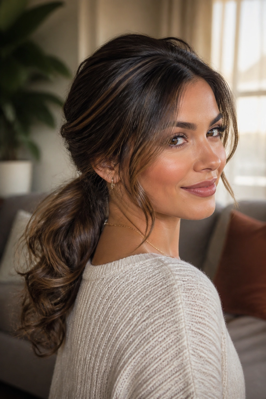 Close-up of a woman with a curled low ponytail and gentle crown lift.