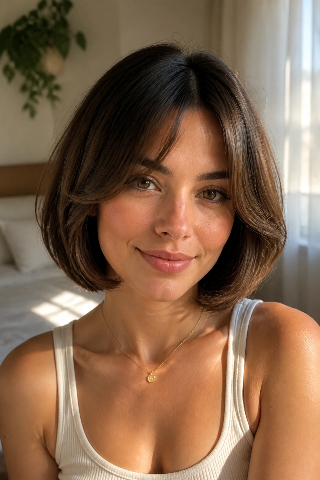 Close-up of a real woman with curled-under bob and soft curtain fringe