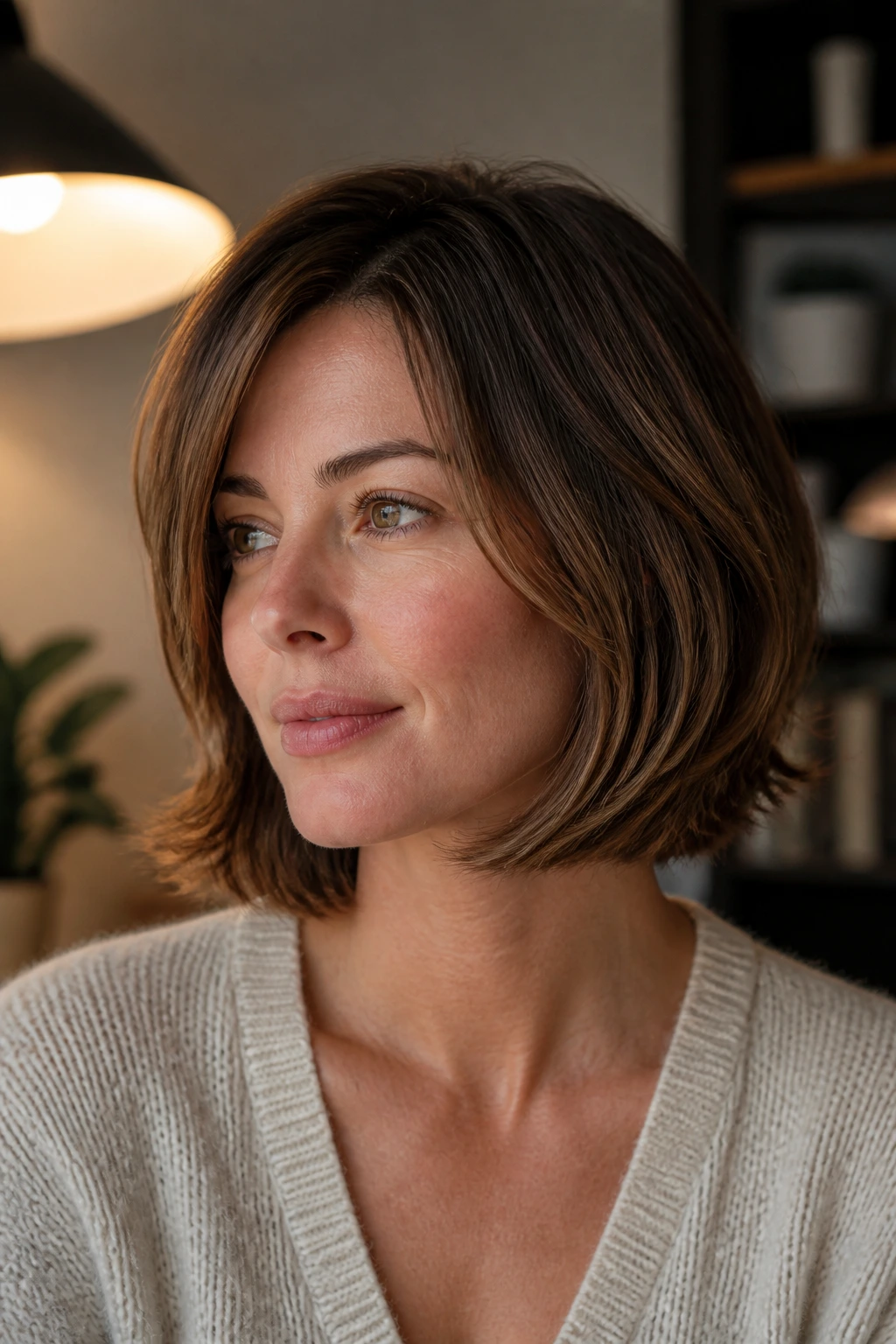 Close-up portrait of a real woman with curled-under bob and broken edges
