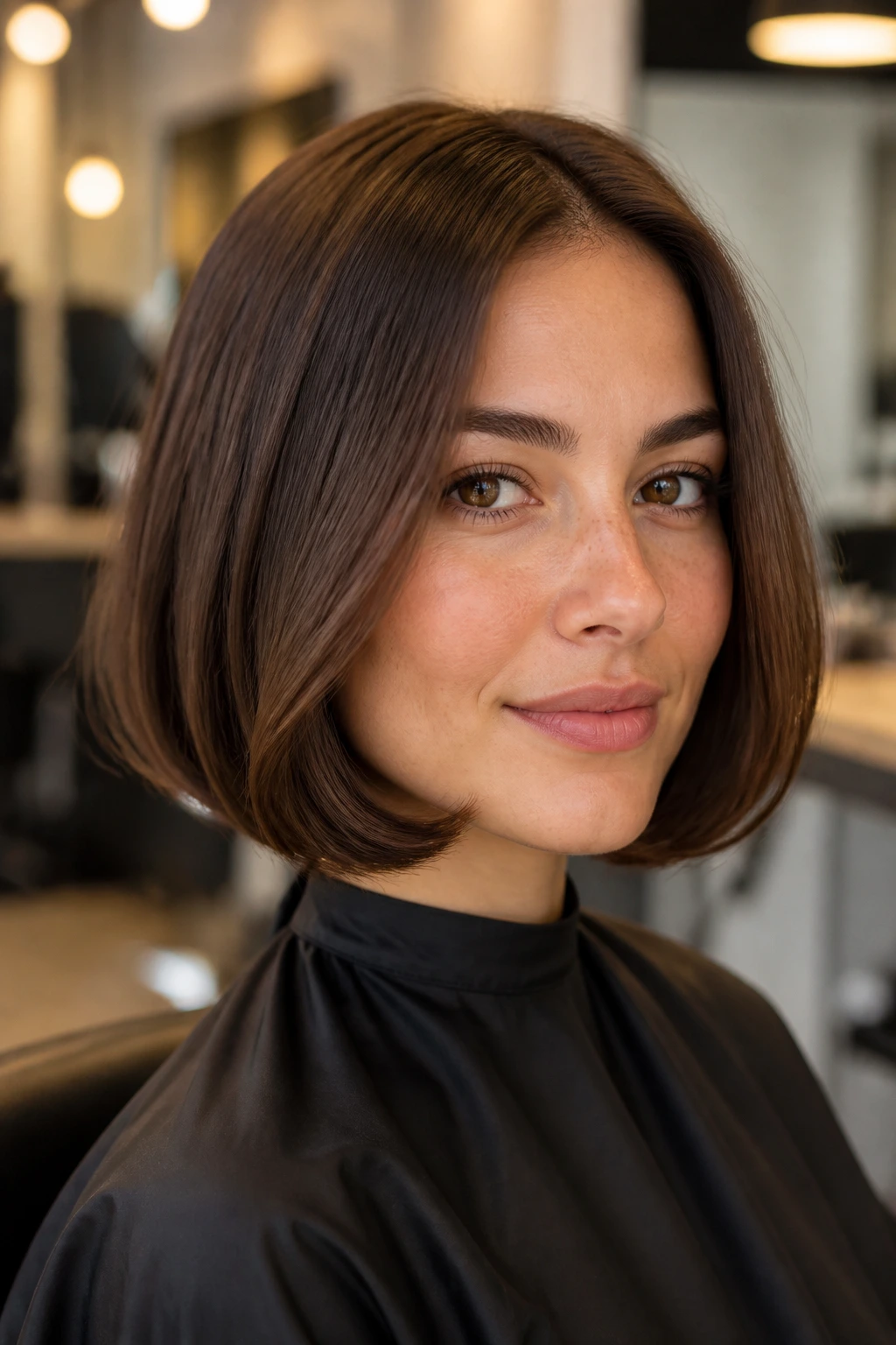 Close-up of a real woman with inward-curled under bob framing the jaw.