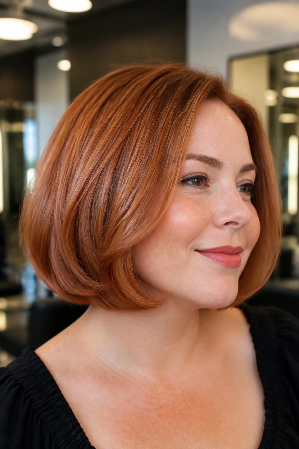 Close-up of a real woman with curled-under strawberry bob and glossy finish