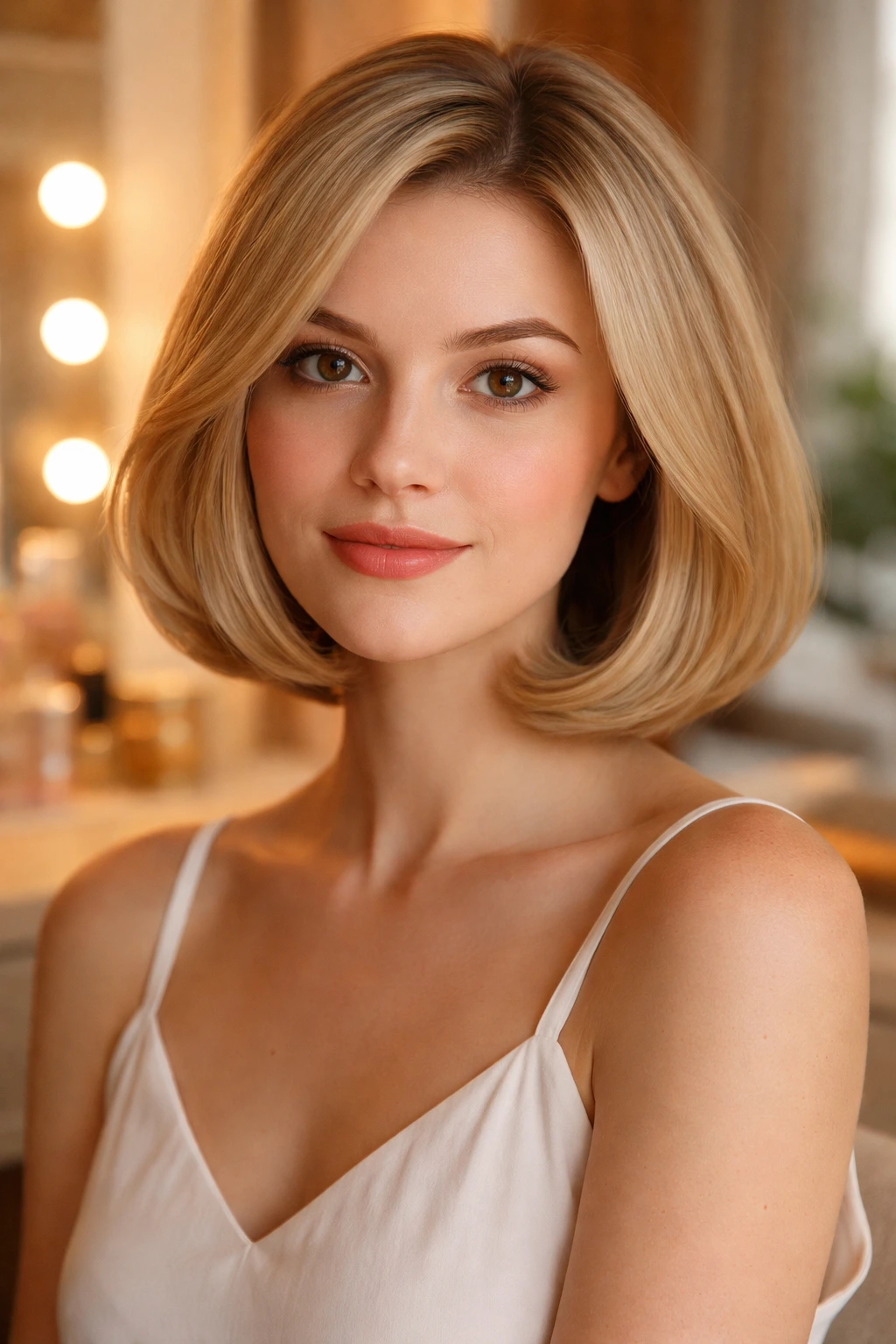 Close-up of a real woman with curled-under clueless bob hairstyle.