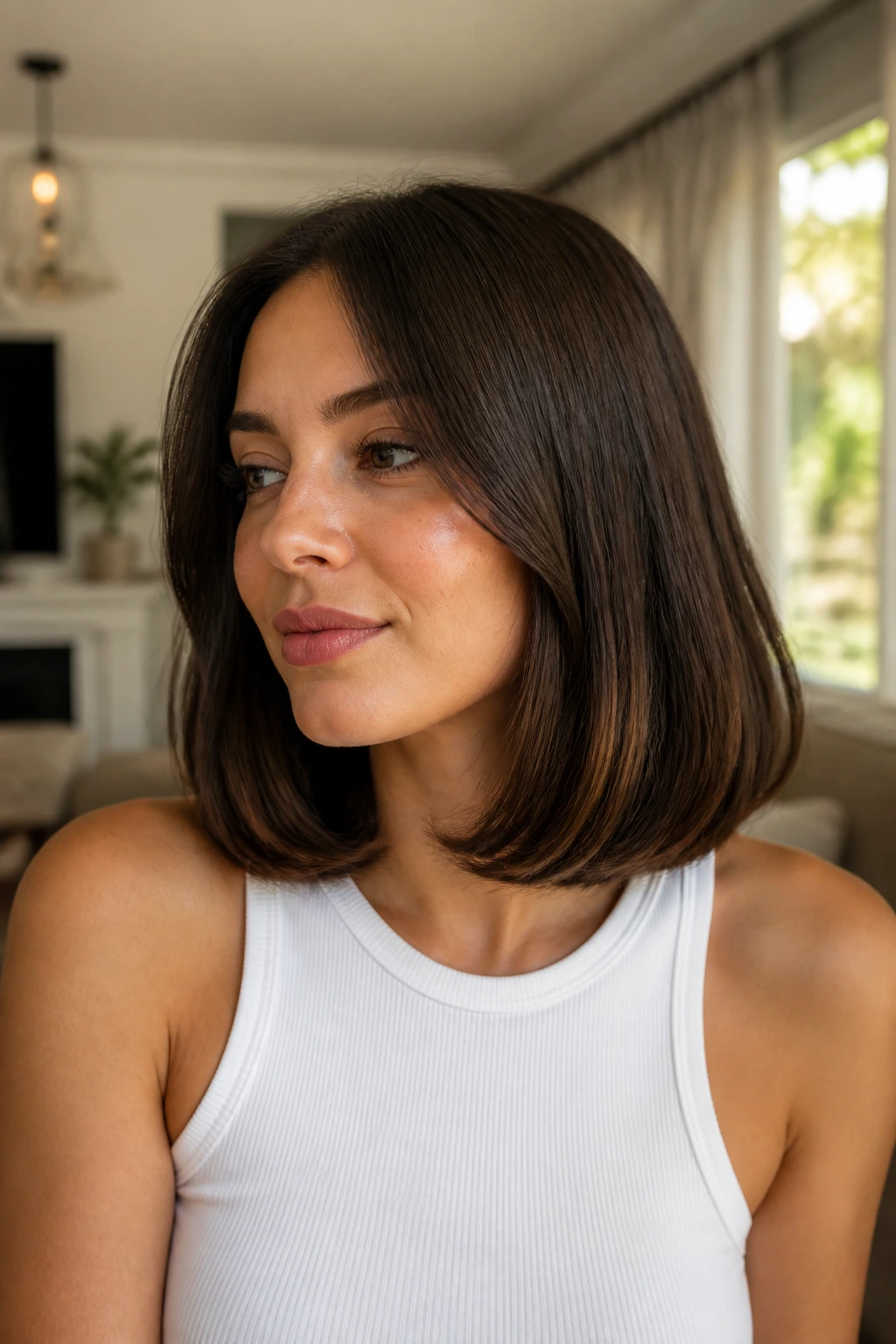 Medium close-up of a real woman with a lob and curled-under ends.
