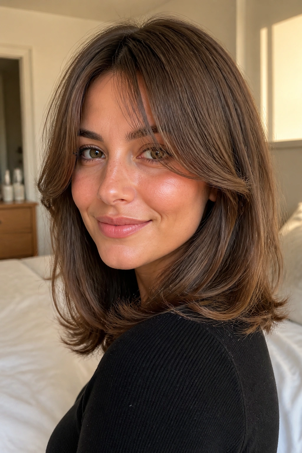 Close-up portrait of a real woman with curled-under ends and soft curtain fringe in medium brown hair