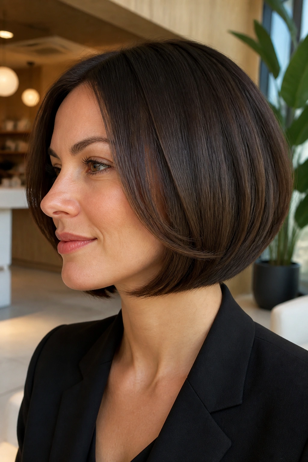 Close-up portrait of a real woman with curled-under inverted bob