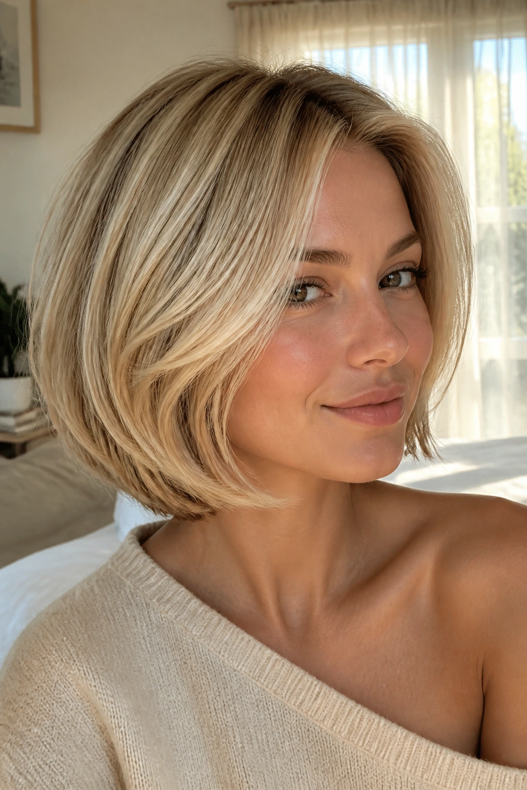 Close-up of real woman with curled-under layered bob catching light