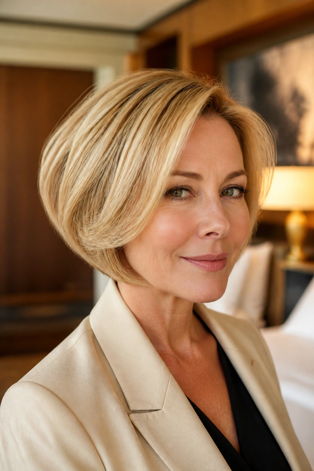 Portrait of real person with curled-under rounded stacked bob