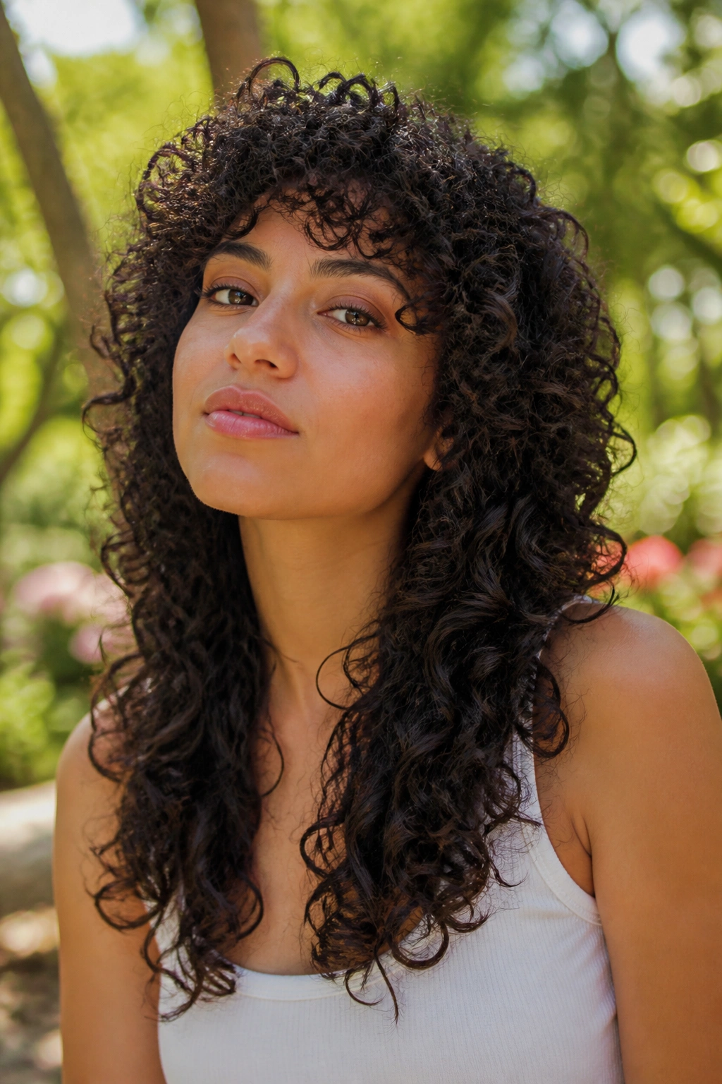 Close-up portrait of a real person with curls and coils wolf cut with bottom length