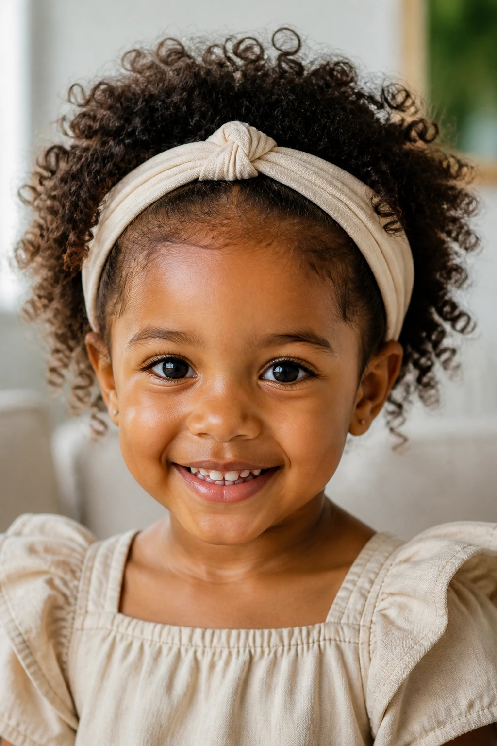 Close-up of a child with natural curls and soft headband