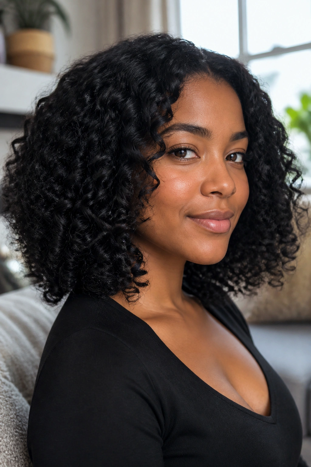 Close-up of a real woman with jet-black curls below the cheeks
