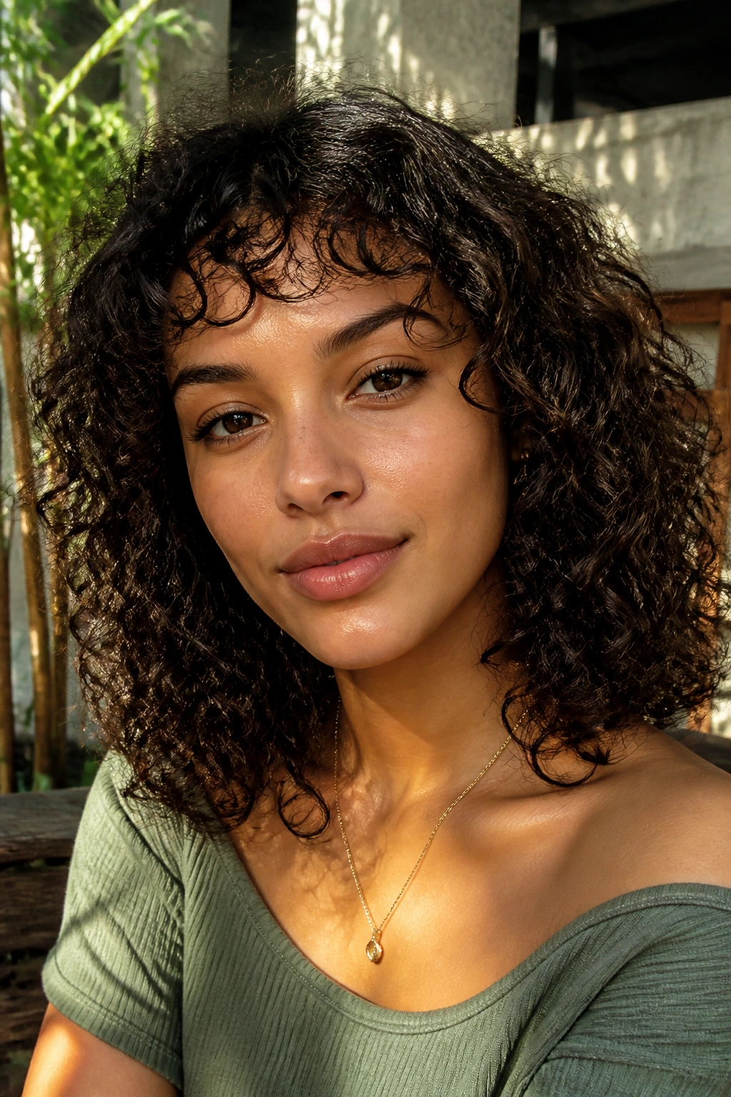 Close-up of soft arched bangs on curly hair in natural light