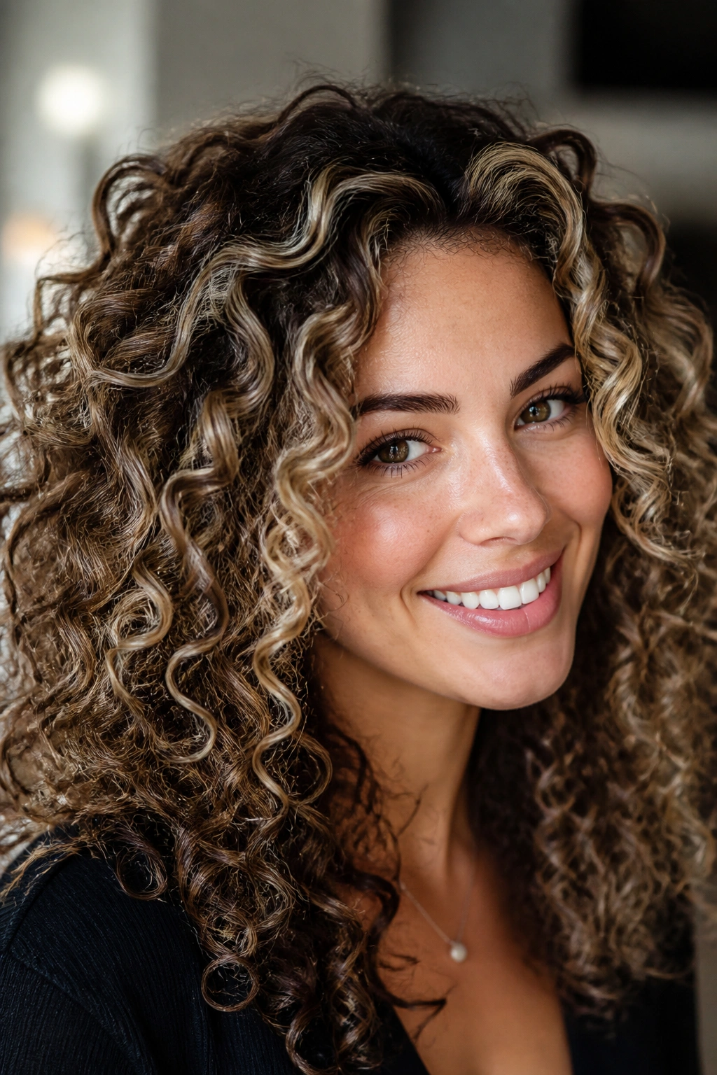 Curly hair with ash blonde balayage on a real person.