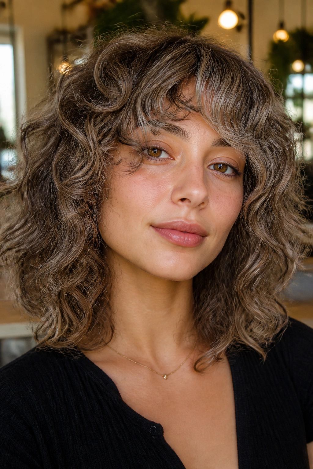 Close-up of a real woman with curly ash curtain bangs and lifted roots.