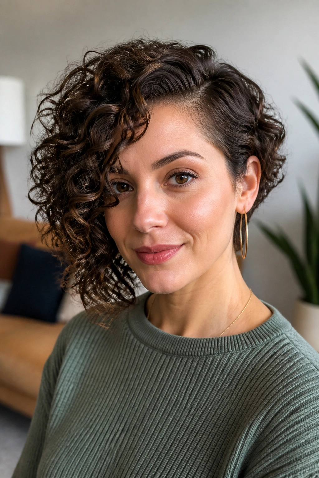 Real woman with curly asymmetrical bob