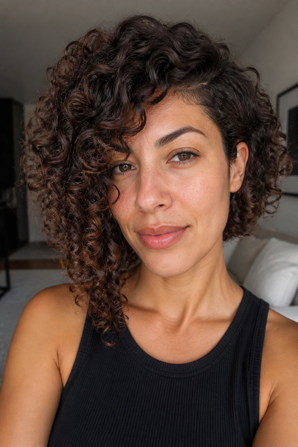 Close-up of a real woman with curly asymmetrical bob