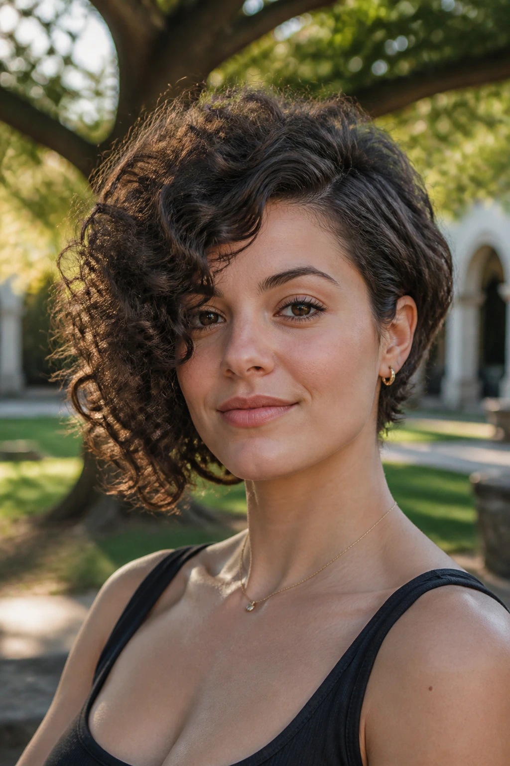 Close-up of a real person with a curly asymmetrical bob.