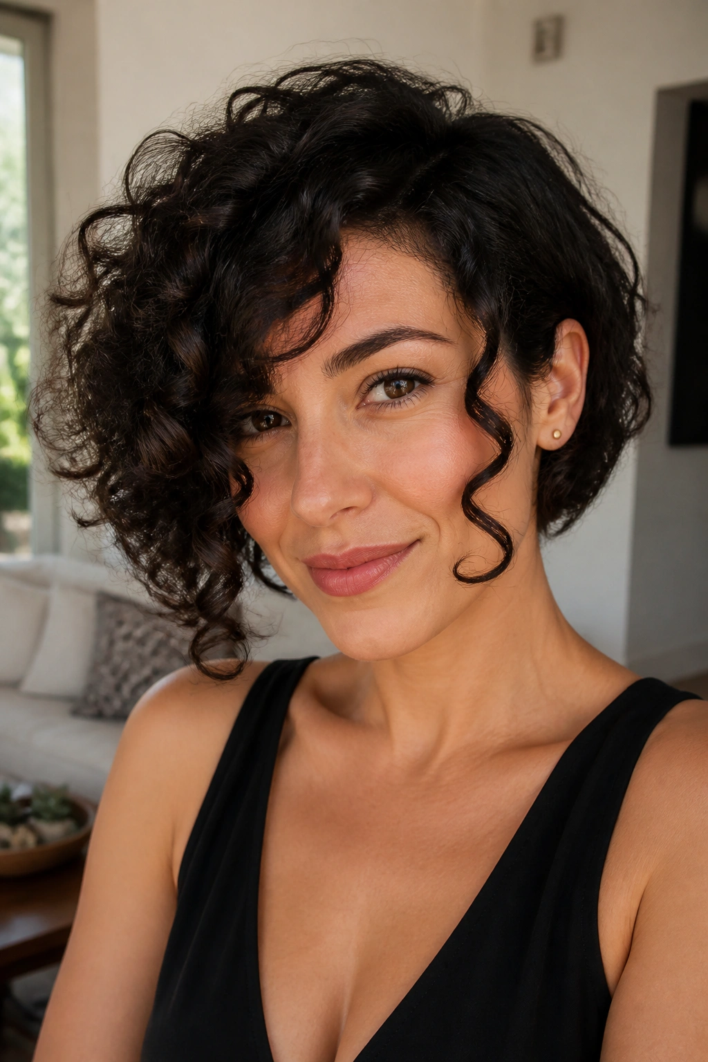 Close-up portrait of a real woman with curly asymmetrical bob and face-framing spiral.