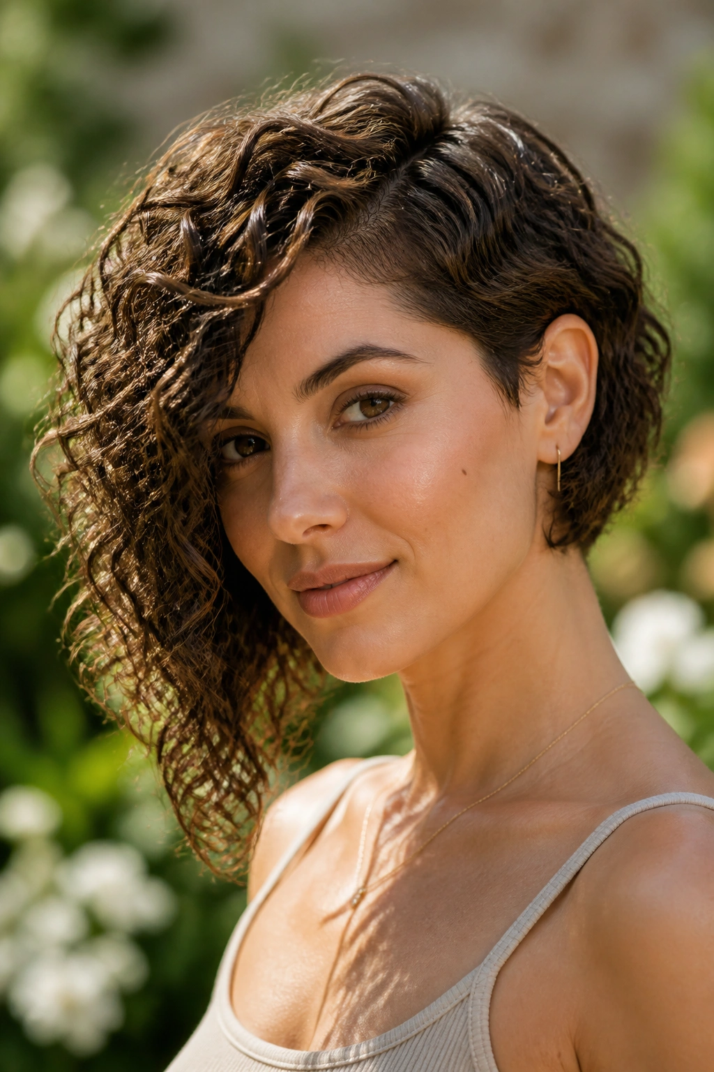 Real person with curly asymmetrical bob and longer front side outdoors