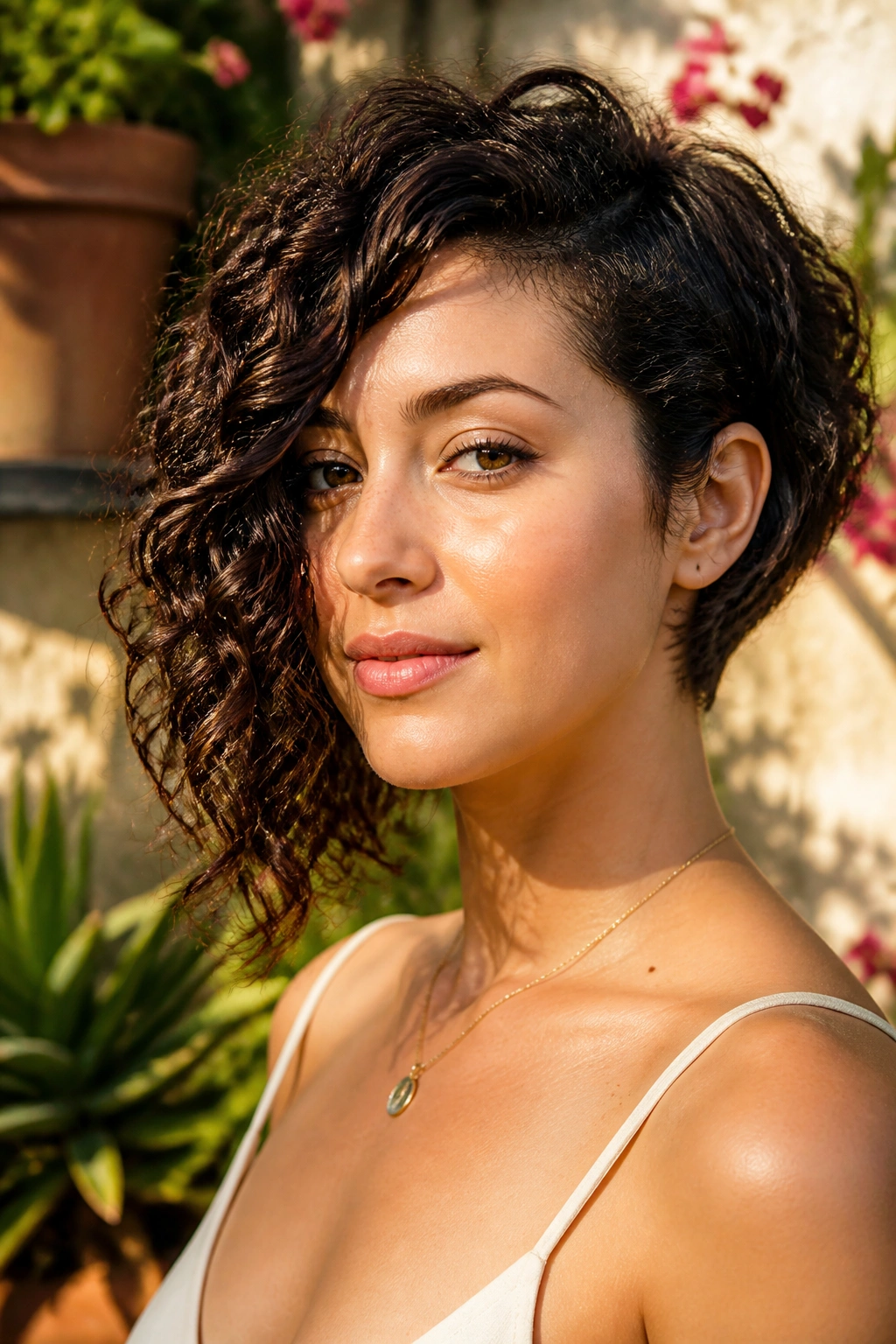 Portrait of a woman with curly asymmetrical bob for round face