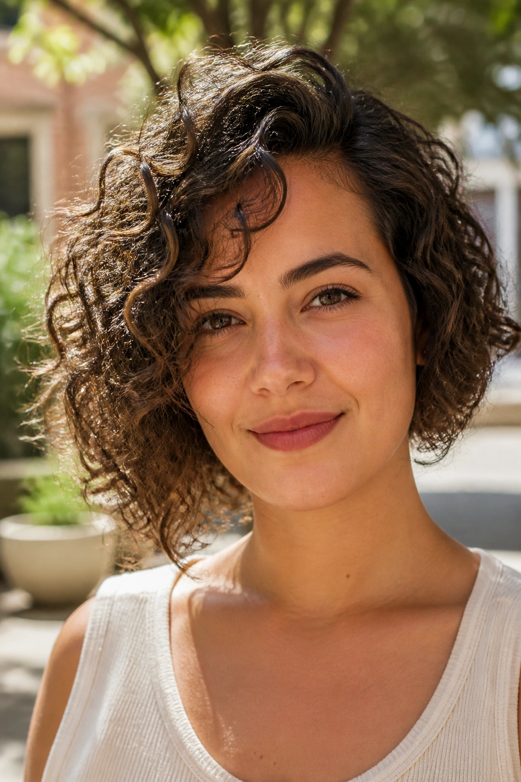 Close-up of a real woman with curly asymmetrical bob in sunny outdoor setting.