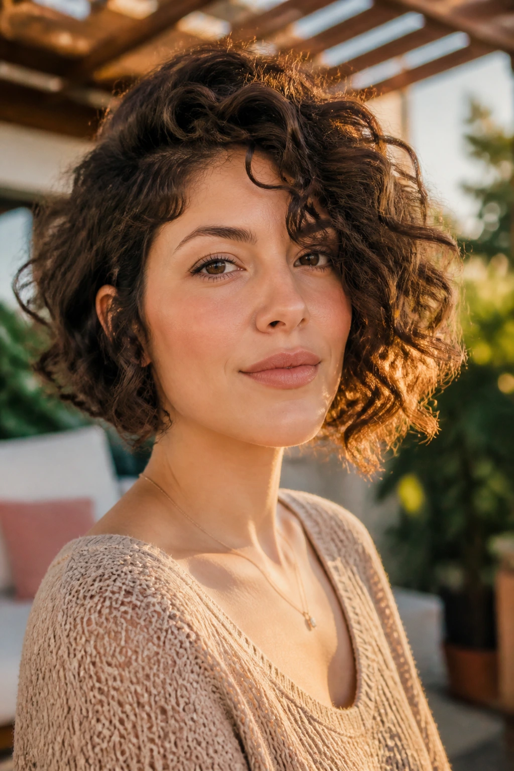 Real person with curly asymmetrical bob on a round face in a close-up.