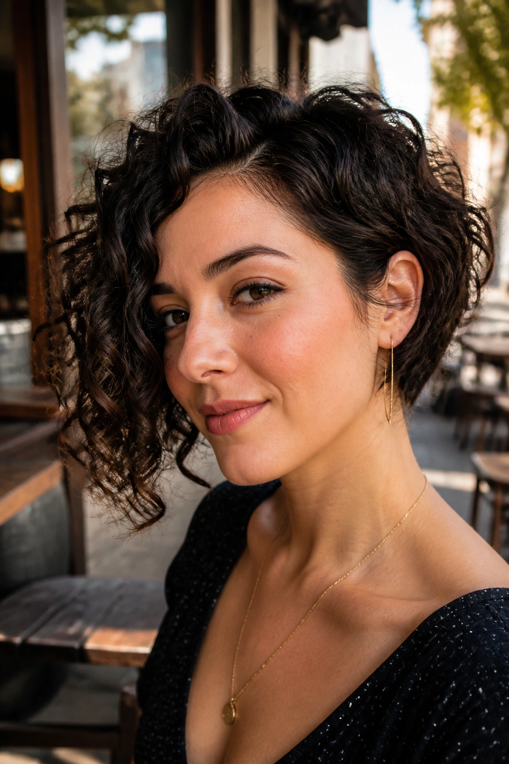 Close-up of a real woman with a curly asymmetrical bob and longer front curl near the jaw in an outdoor setting.