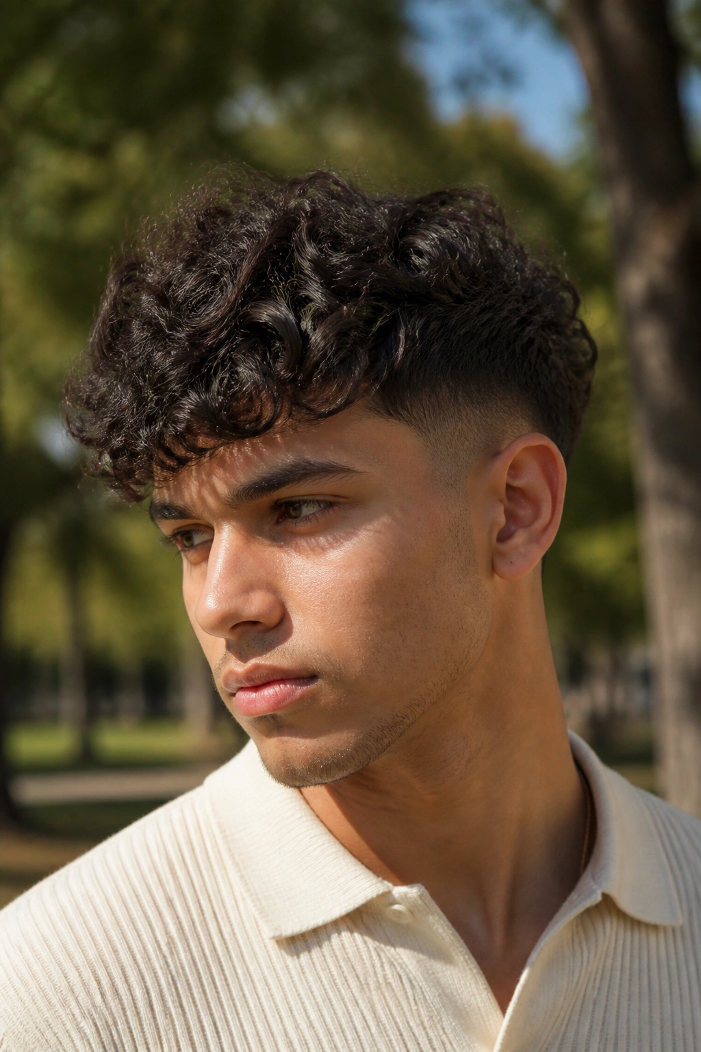 Portrait of a man with a curly asymmetrical taper hairstyle